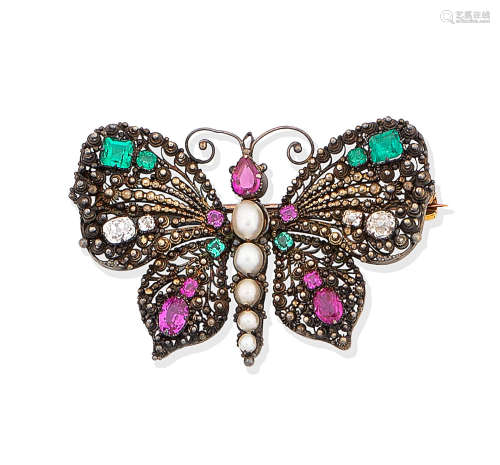 A pearl and gem-set butterfly brooch