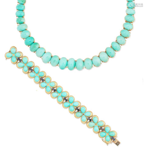 (2) A turquoise necklace and a turquoise and sapphire bracelet, circa 1965