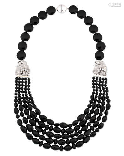 (2) An onyx and diamond multi-strand necklace