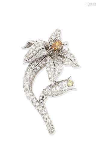 A diamond and coloured diamond lily brooch