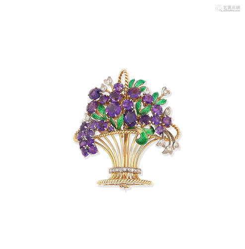 An enamel and amethyst jardiniere brooch, circa 1965