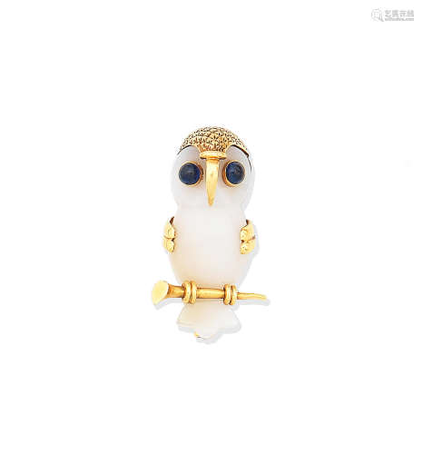 A chalcedony and sapphire owl brooch, by Cartier, circa 1965