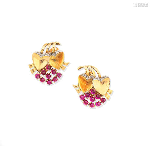A pair of synthetic ruby and diamond earclips, circa 1940