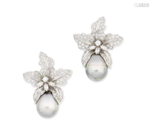 A pair of cultured pearl and diamond floral earrings