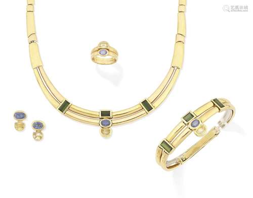 (4) A tourmaline, sapphire and yellow sapphire necklace, bracelet, ring and earring suite  by Andre Bogaert, circa 1985