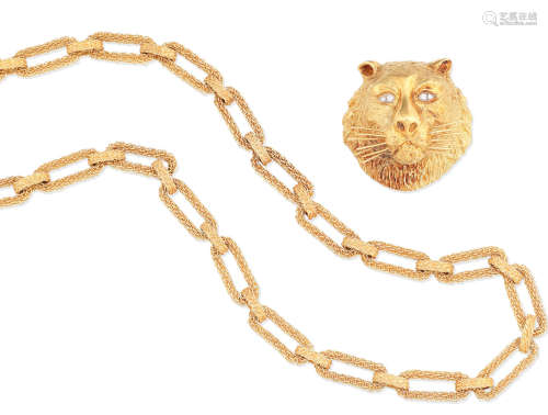 (2) A diamond novelty brooch/pendant and a fancy-link chain, by Wander, circa 1970