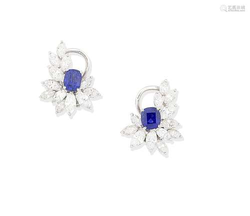 A pair of sapphire and diamond earclips