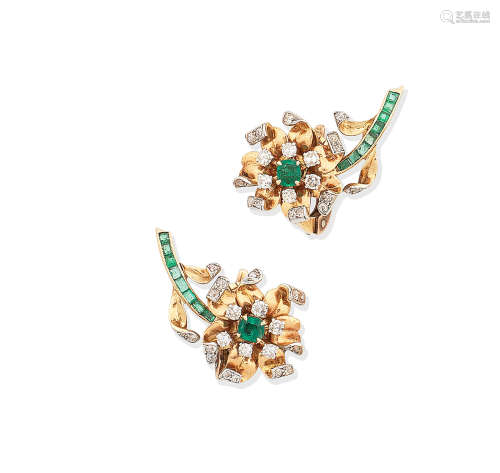 A pair of emerald and diamond flower earclips, circa 1945