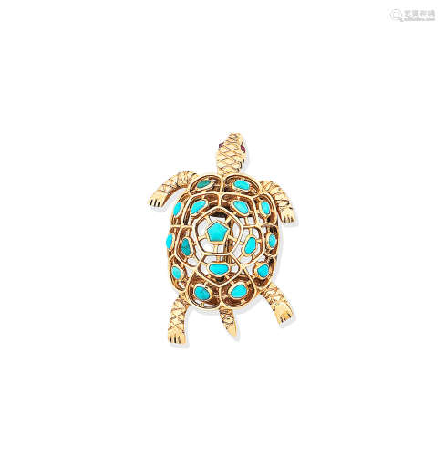 A turquoise and ruby turtle brooch, by Boucheron, circa 1965