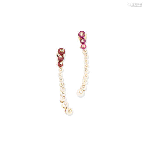 A pair of ruby, cultured pearl and diamond pendent earrings