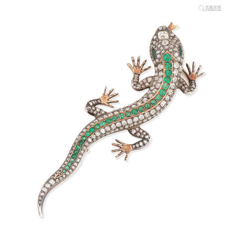 An emerald and diamond salamander brooch