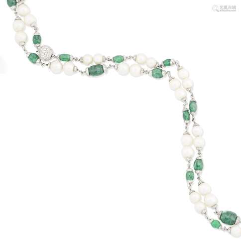 A cultured pearl, emerald and diamond longchain