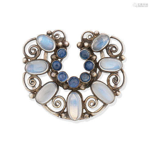 An Arts and Crafts sapphire and moonstone brooch, circa 1930