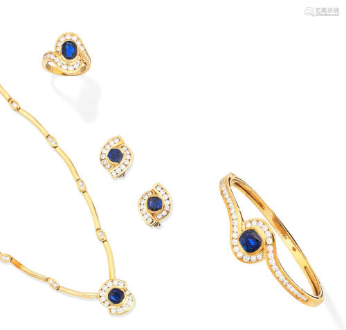 (4) A sapphire and diamond necklace, bangle, ring and earclip suite