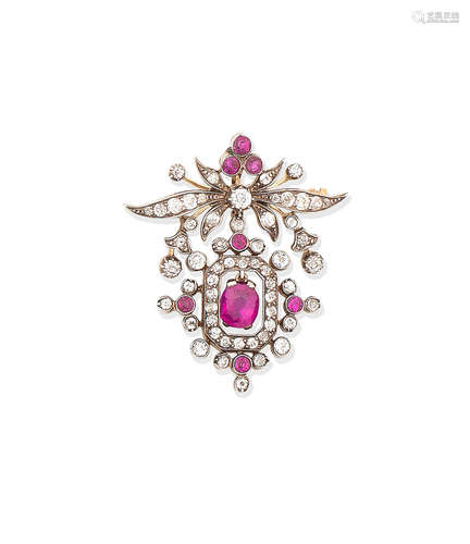 A ruby and diamond pendant brooch