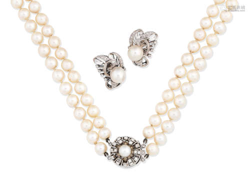(2) A cultured pearl and diamond necklace and a pair of cultured pearl and diamond earrings