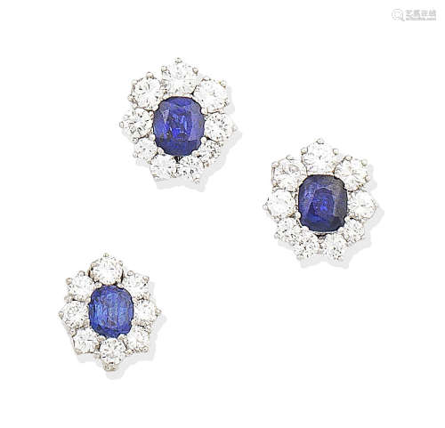 (2) A pair of sapphire and diamond cluster earstuds and a sapphire and diamond cluster clasp