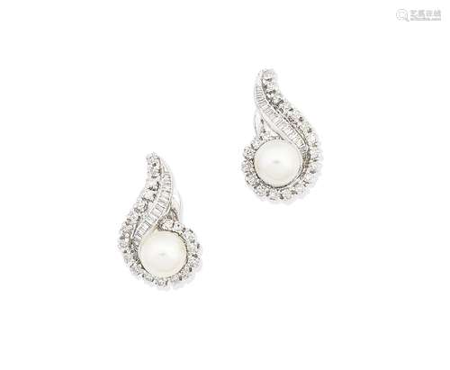 A pair of cultured pearl and diamond earrings