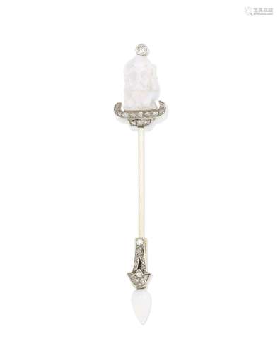 An early 20th century carved opal and diamond jabot pin, possibly by Wilhelm Schmidt