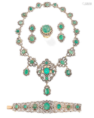 (4) An emerald and diamond necklace, bracelet, pendent earring and ring suite, first half of the 20th century