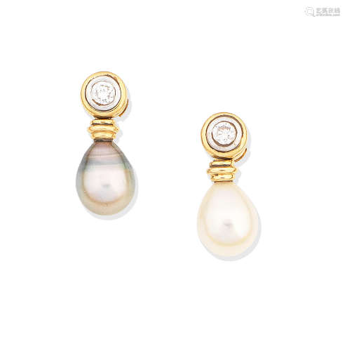 A pair of cultured pearl and diamond earrings