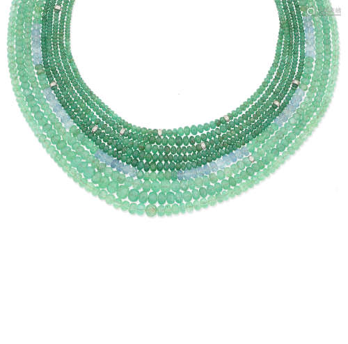A multi-strand emerald bead and gem-set necklace