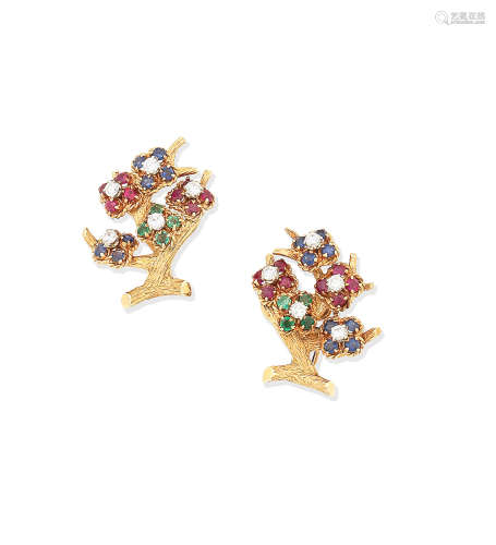 A pair of gem-set earclips, French, circa 1965