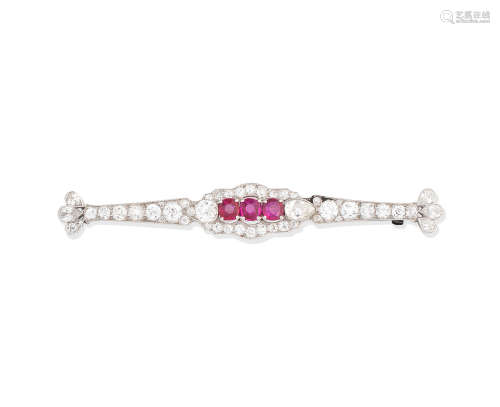 An early 20th century ruby and diamond bar brooch, by Hennell