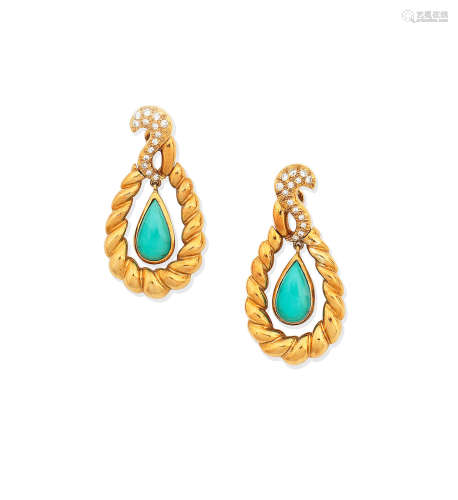 A pair of turquoise and diamond pendent earrings