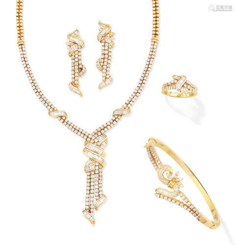 (4) A diamond necklace, bangle, earring and ring suite