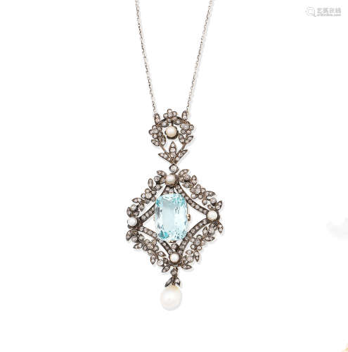 An aquamarine, pearl and diamond pendant