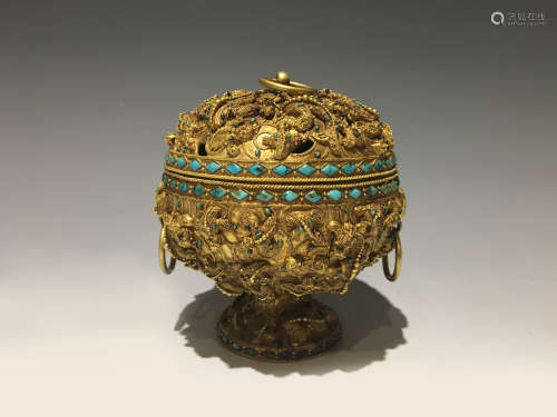 漢代鑲松石螭龍純金熏爐