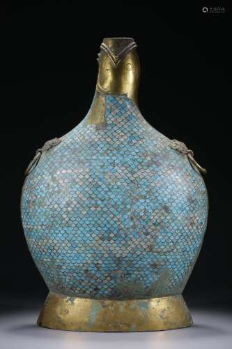 汉代 鎏金镶嵌绿松石双环扁瓶