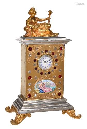 An unusual Swiss paste jewel and enamel inset gilt and electroplated miniature boudoir timepiece
