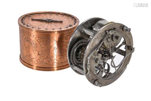 A steel and copper Renaissance style horizontal tambour table timepiece