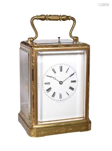 A fine French engraved gilt brass carriage clock with push-button repeat and chronometer escapement