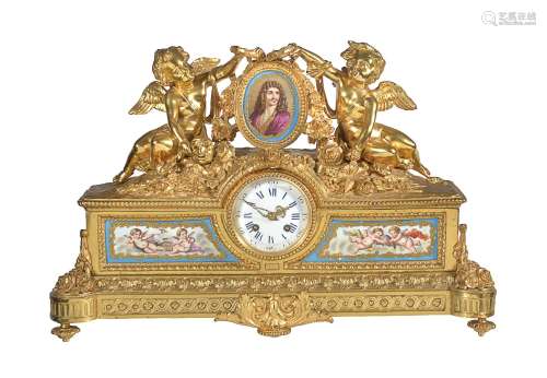A French Napoleon III Sevres style porcelain inset ormolu figural mantel clock