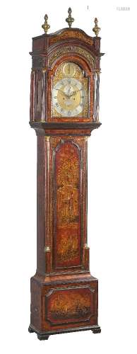 A rare George III scarlet japanned eight-day longcase clock with alarm