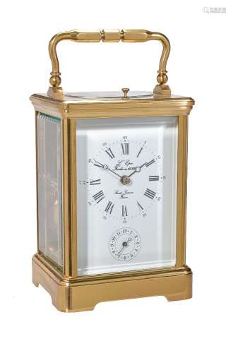 A French lacquered brass carriage clock with push-button repeat and alarm