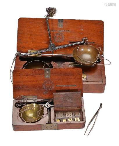 Two French mahogany cased sets of portable diamond scales