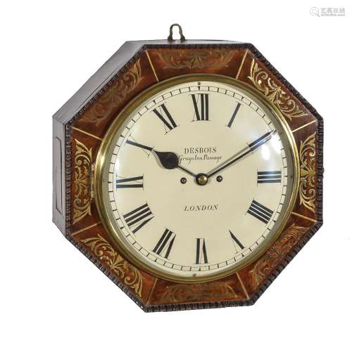 ϒ A George IV brass inlaid rosewood hour striking fusee wall clock