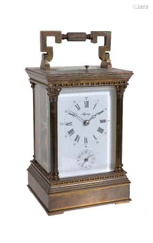 A French brass carriage clock with push-button repeat and alarm