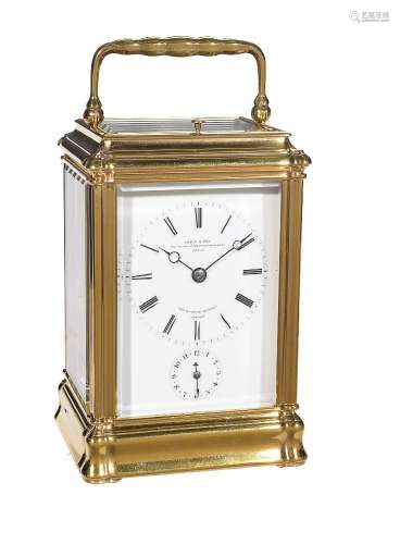 A fine French gilt brass brass gorge cased petit sonnerie striking carriage clock with push-button r