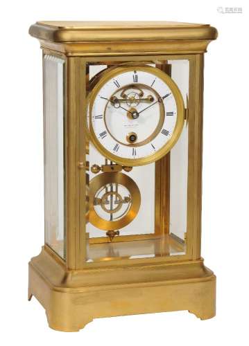 A rare French gilt brass large four-glass mantel timepiece of one year duration