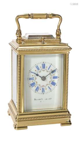 A French small lacquered brass carriage clock with push-button repeat