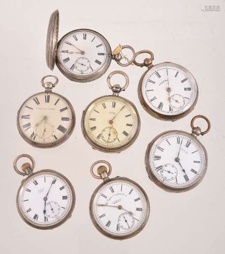 A collection of seven silver pocket watches