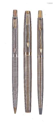 Parker, Cisele, a silver coloured and gilt fountain pen, ball point pen and propelling pencil