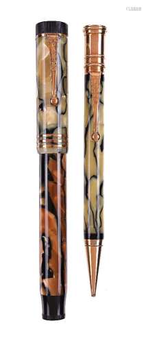Parker, Duofold Lucky Curve, a green and brown marbled fountain pen and a green marbled propelling p