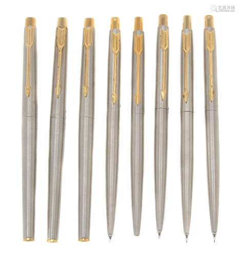Parker, Classic, two stainless steel fountain pens, a roller ball pen, a ball point pen and four pro