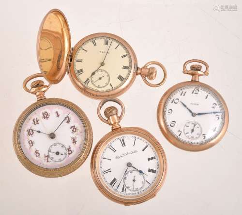 A collection of four Elgin gold plated keyless wind pocket watches